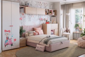 Комплект детской мебели Алина К2 Дуб мария/белый/нежно-розовый велюр в Тюкалинске - tyukalinsk.katalogmebeli.com | фото 1