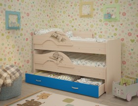 Кровать выкатная Радуга-Сафари детская 1600 Млечный дуб/Голубой в Тюкалинске - tyukalinsk.katalogmebeli.com | фото