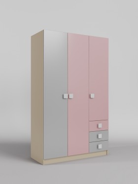 Шкаф 3-х створчатый с ящиками Грэйси (Розовый/Серый/корпус Клен) в Тюкалинске - tyukalinsk.katalogmebeli.com | фото