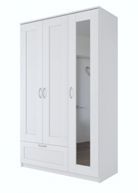 Шкаф трехдверный Сириус с зеркалом и 1 ящиком белый в Тюкалинске - tyukalinsk.katalogmebeli.com | фото