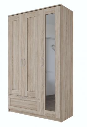 Шкаф трехдверный Сириус с зеркалом и 1 ящиком дуб сонома в Тюкалинске - tyukalinsk.katalogmebeli.com | фото